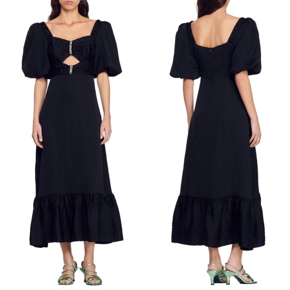 NWT SANDRO Falbala Noir Embellished Midi Party Dress - Picture 2 of 12